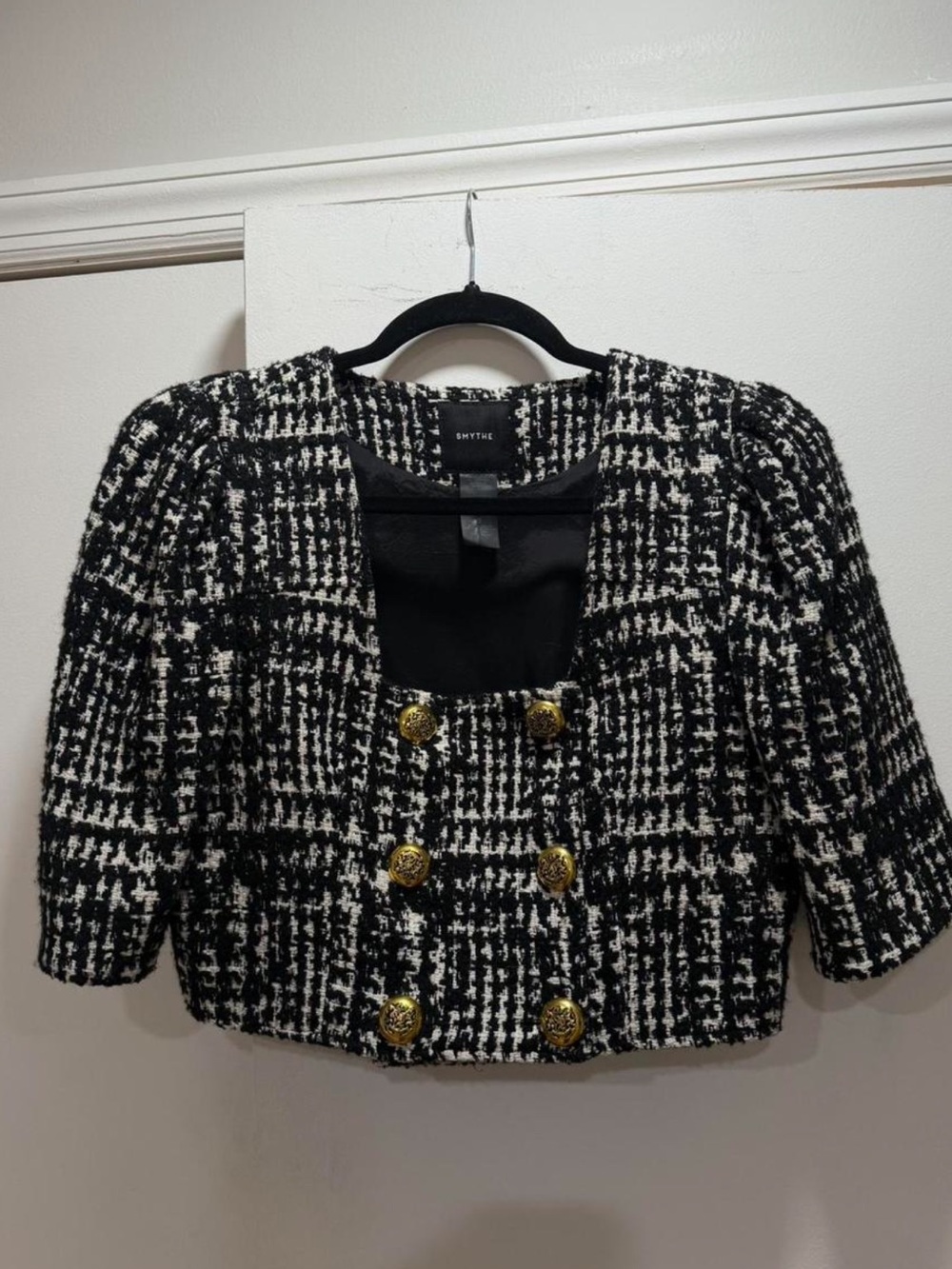 Smythe Black & White Tweed Double-Breasted Cropped Blazer with Gold Buttons